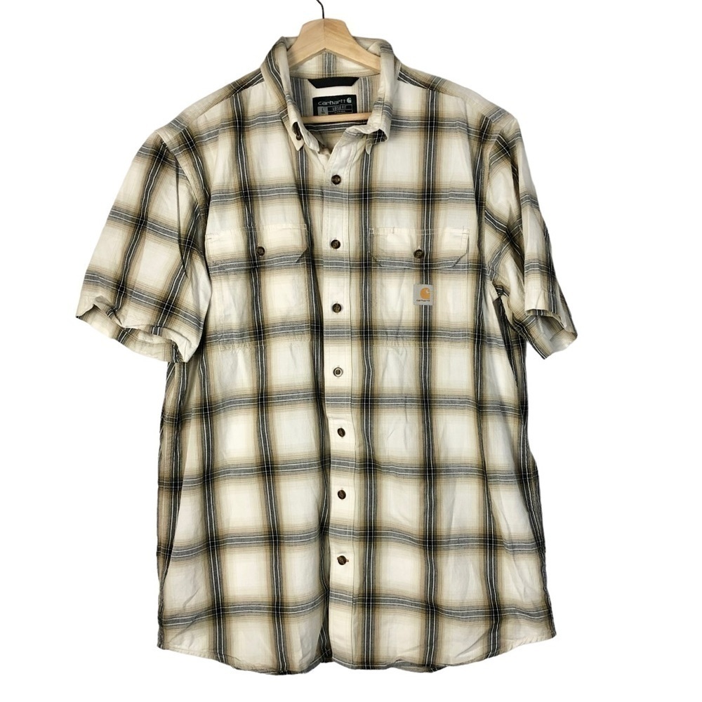 Carhartt Tall White & Beige‎ Plaid Loose Fit Short Sleeve Button Down L